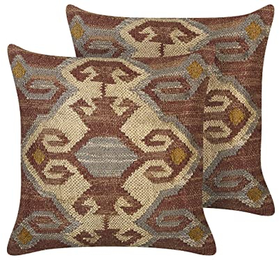 Beliani Dekokissen 2er Set Jute/Wolle rot/bunt quadratisch 45x45 cm orientalisch Urpad