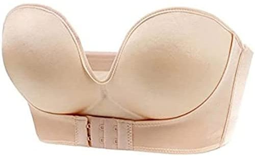 JOCCOS Women Wireless Non-Slip Invisible Front Hook Underwear Bra, Strapless Pushup Bras Front Buckle Lift Bra (Skin,32C)