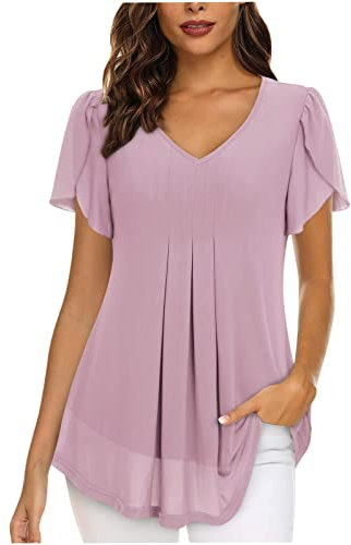 AMhomely Tee Shirts for Women Elegant Short Sleeve V Neck T-Shirt Blouse Girls Solid Color Jumper Formal Work Office Business Blouse Ruffle Night Out Shirts for Leggings Pink 16