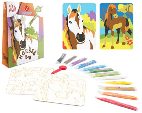 Sabbiarelli Sand-it For Fun - Bag Horses Pferde - Mini Kreativ Bastelset: Färben mit Sand Zeichnungen von Pferden, 12 Farben, Kindergeschenk ab 5 Jahren