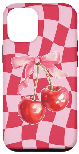 Hülle für iPhone 13 Pro Coquette Cherry Bow auf rosafarbenem, gewelltem kariertem Preppy Y2K