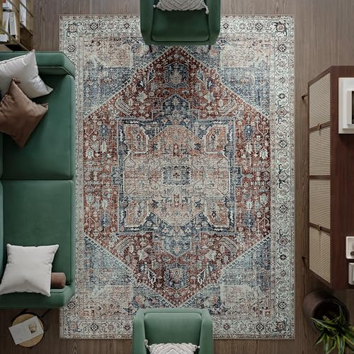 artyrugs Machine Washable Rug, 240x330cm, 75% Recycled Cotton, Short Pile, Non-Slip Backing, Non-Shedding, Suitable for Bedroom, Kitchen, Hallway, Office, Large, Crimson Red & Navy