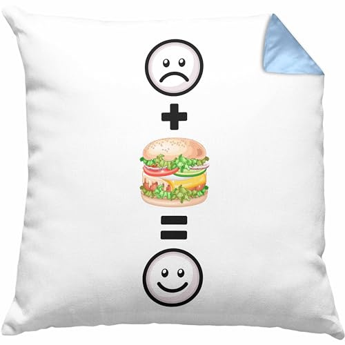 Trendation Burger Kissen mit Füllung 40x40 Geschenk für Burger-Liebhaber Lustige Geschenkidee :(+ Burger Cheeseburger = :) Geburtstag (Blau)
