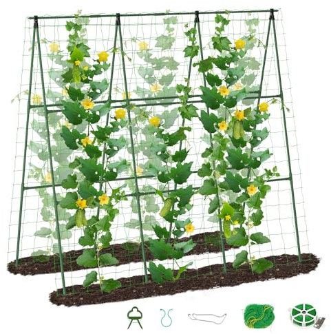 SUNYRISY Gurke Rankhilfe, Rankgitter mit Netz Pflanzenhalter für Gurke, Rankhilfen für Kletterpflanzen, Tomaten Rankhilfe, Pflanzenstütze für Blumen & Nutzpflanzen, 150 cm Lang, Grün