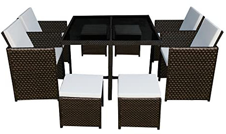 Panana 8 Seater Rattan Garden Furniture Set Dining Table and Chairs Stools Set Outdoor Patio Bacolny (Brown Wicker with Beige Cushions)