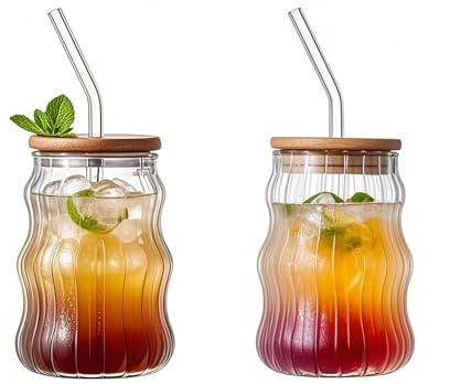 Glass Tumblers with Lids and Straws,500 Ml Iced Coffee Glass, Transparent Ribbed Iced Coffee Cup, Suitable for Smoothie Whiskey Beer,Soda Water,Tea, Various Beverages