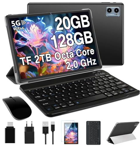 Tablet Android Tablet 10 Pulgadas, 20GB RAM+128GB ROM/TF 1TB, Octa-Core 2.0 GHz, WiFi 6, Bluetooth 5.0, Batería 6000mAh, 5MP+8MP, Widevine L1, GMS, GPS, Tablet con Funda, Ratón & Teclado - Negro