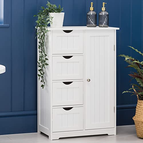 CHRISTOW Bathroom Cabinet Floor Standing, Wooden White 4 Drawer Storage Cupboard Unit With Shelf