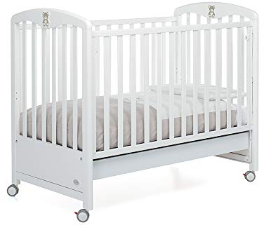 Foppapedretti Lettino con Sponda a Scomparsa Birbante, Legno di Faggio, Made in Italy, Rete a Doghe di Faggio, Ampio Cassetto, Regolabile a Doppia Altezza, 4 ruote, 131x73x108 cm, Bianco