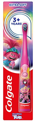 Colgate Kids Battery Trolls Extra Soft Bristles Toothbrush, 3+ Years, with Sonic Vibrating Bristles to remove more plaque and Slim easy to hold handles
