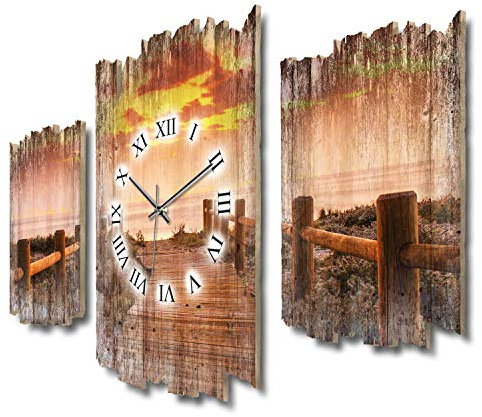Kreative Feder Dreiteilige Designer-Wanduhr Chill Out Sonnenuntergang Shabby-Chic Landhaus-Stil leise Funkuhr ohne Ticken 95x60cm aus Holz (Sonnenuntergang, leises Funkuhrwerk)