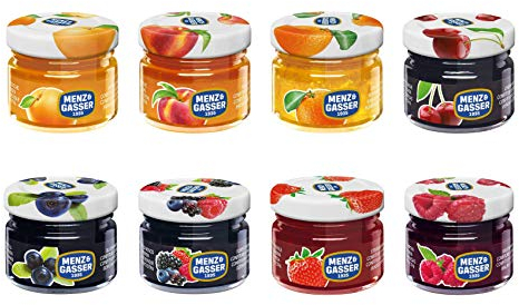 Menz & Gasser - Confitures Assorties en 8 Saveurs, 40 Bocaux en Verre à Portion Individuelle de 28 Grammes Chacun. Produit Typique Italien