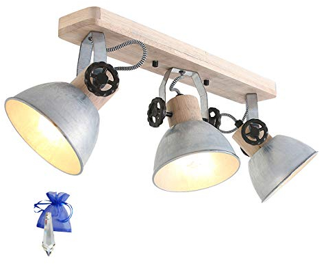 Christoph Palme Leuchten Lampe Industrial Style Vintage-Deckenleuchte Stahl blank 60cm 3xE27 Spots für LED & Glühlampen 2133NI + Gratis Kristall Giveaway