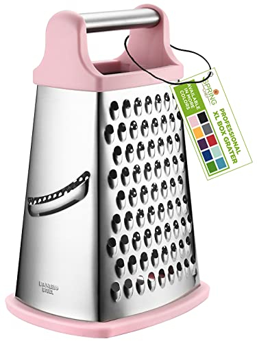 Spring Chef Grattugia professionale XL in acciaio inox per parmigiano, con manico, a 4 lati, per cucina, lavabile in lavastoviglie, per patate, verdure, zenzero, limonata rosa