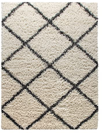 TT Home Wohnzimmer Teppich Hochflor Langflor Schlafzimmer Modern Soft Skandi Rauten Design Creme, Farbe: Creme, Größe:120x170 cm