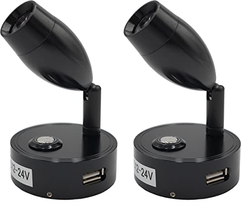 JUTTAUTO 12V LED Spot Leseleuchten mit USB-Ladeanschluss Innenbeleuchtung Auto Licht für Wohnmobil Wohnmobil Boot Wohnmobil RV Touch Dimmbarer Schalter 3200 K Beidwandleuchte (Schwarz, 2 Stück)