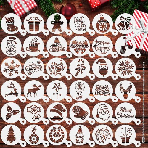 JULBEAR Weihnachten Stencil, 36 Stück Wiederverwendbare Kaffee Schablonen, Kleine Plätzchen Schablonen Aus Kunststoff für Kekse, Backen, Dessert, Malen