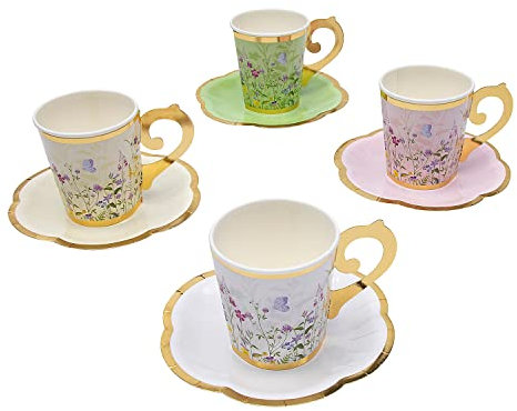 Fun Express Cottagecore Papier-Teetassen und Untertassen, Schmetterlinge und Blumenmuster, 8 Stück