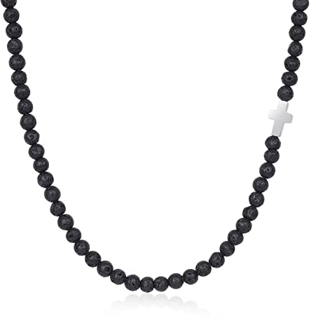GAVU Geschenke für Herren Lavastein Kreuz Charm Kristall Perlen Halskette 60cm