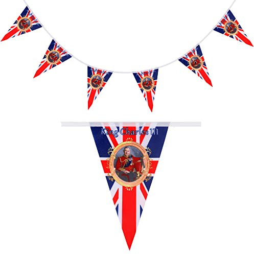 TRIXES 6 m Dreiecksflaggen Union Jack King Charles III Wimpelkette – Partydekorationen für den Außen- und Innenbereich – UK-Themenbanner für Königskrönung 2023, besondere Anlässe und mehr