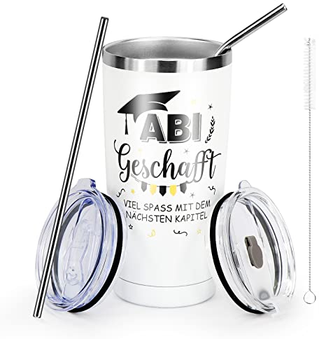 Abi-Tasse Abi Geschenk zum Bestandenen Abitur Personalisierte Geschenk,Jungs Mädchen Kaffeetasse für Abiturient & Abiturientin, Abiturgeschenk Edelstahl Trinkbecher mit Strohhalm Doppelwandiger