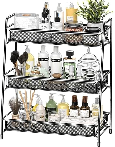 EKNITEY Badezimmer-Arbeitsplatten Organizer Regal – 3-stufiges Gewürzregal aus Metall | Makeup-Regal | Kleiner Parfüm-Waschtisch-Organizer für Waschbecken/Schlafzimmer/Wohnzimmer/Küche/Büro