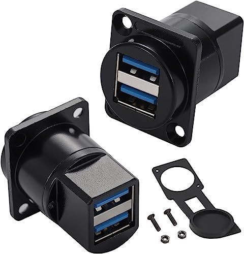 PENGLIN 2 STÜCK Duale Anschlüsse USB 3.0 Einbaustecker,USB 3.0 Buchse zu Buchse Koppler D-Typ USB Bulkhead Adapter mit Wasserdichter Kappe