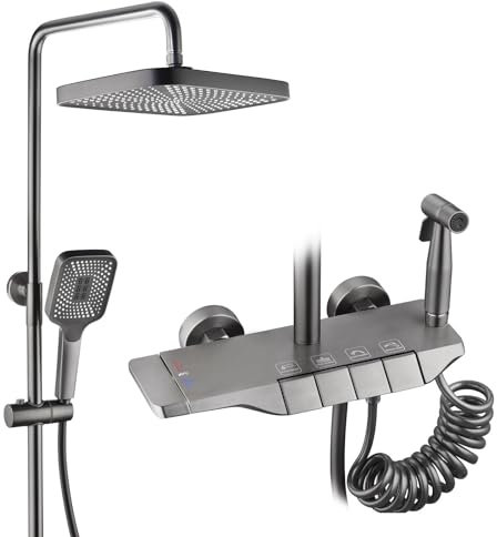 BEITH Colonne de Douche Thermostatique, 4 Touches de Piano Ensemble de Douche, 30x21cm Carré Pommeau de Douche, Douchette, avec Mitigeur Bain Caché, Pistolet à Peinture, Facile à Nettoyer