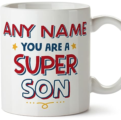 MUGFFINS Personalised Mug for Son - in English - You are Super - Funny Custom Gift - Ceramic 11oz Mug