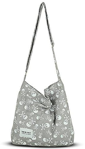 Your Cozy Große Retro-Umhängetasche aus Baumwolle für Damen, Hobo-Umhängetasche, lässige Tragetasche zum Einkaufen und Reisen (grauer Totenkopf)
