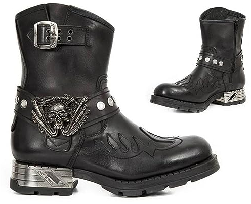 SIULAS Herren Kurze Reitstiefel - mittelalterliche PU Leder Steampunk Stiefel mit Schädel Dekoration - Vintage Stickerei Western Cowboy Stiefel,Schwarz,46