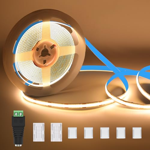 KWODE COB LED Streifen 3000K warmweiß, 5M 320LEDs/M Dimmbar COB LED Strip, 12V DC Flexibel Lichtleiste CRI 90+ für Wohnzimmer Schlafzimmer Küche DIY Dekoration (Ohne Strom und Fernbedienung)