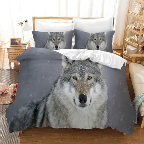 Leleyouzer Wolf Bettwäsche Set,3D Tiermuster Bettbezug für Jungen,1 Mikrofaser Bettbezug und 2 Kissenbezüge 50 x 75cm (Wolf 2, 135×200 cm)