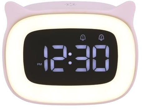 Kinberry Digital ChildrenS Alarm Clock With Night Light - Light Alarm Clock for Girls Boys Teenagers School Back To School Gifts 18 Ringtones Dual Alarms Snooze Modes 12/24 Hours, Pink