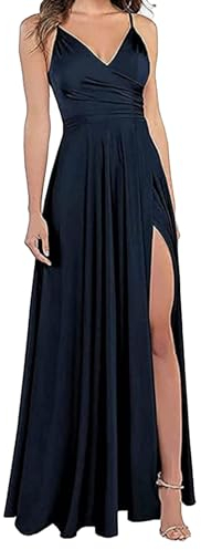 xxxiticat Damen V-Ausschnitt Spaghettiträger Lange Ballkleider Satin A-Linie Brautjungfernkleider formeller Satin Abschlussball Abendkleider mit Schlitz(BE9,S)