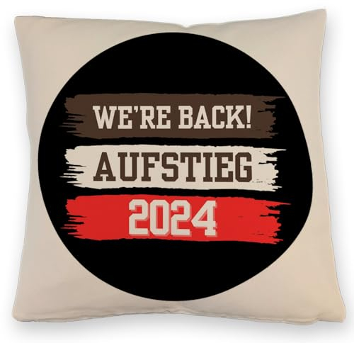 St. Pauli Aufstieg 2024 Kissen mit Leinenoptik mit Spruch We're Back were Hamburg Reeperbahn Landungsbrücken Hafen Wappen - Feiere den Aufstieg mit diesem stylischen Kissen mit