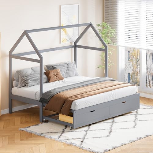 Ojiuboo Ausziehbares Kinderbett, Schlafsofa mit Schubladen und Lattenrost, Bett aus Kiefernholz mit Stauraum, Grau,90/180 x 190 cm