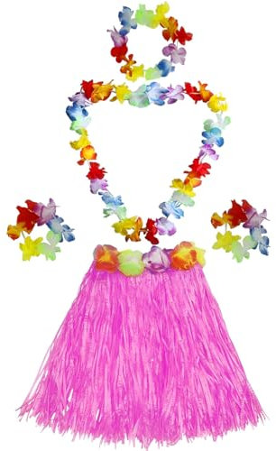Hula Dancer Disfraz, Disfraz Hawaiano Falda de Paja, 5 Pcs Set Hawaiano con Collar Pulsera Guirnalda Diadema Hawaiano, Falda Hawaiana Hierba para Niñas Mujer Adultos para Playa Fiestas Temáticas