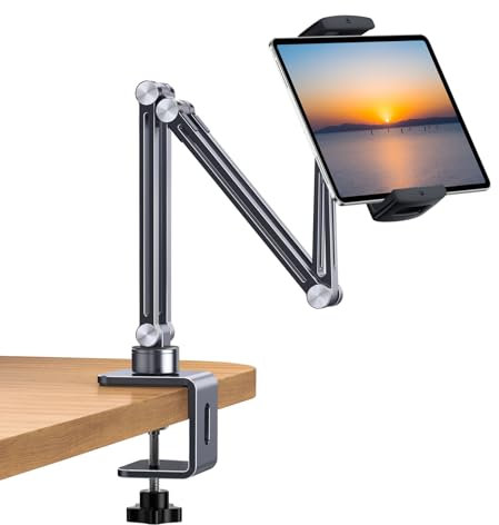 nediea Tablet Stand Holder For Desk, Adjustable Tablet Holder With Clamp Mount, 360° Rotation Aluminum Stand for iPad, Compatible With 4-12.9 Inches Devices, Fit For Desk/Bed/Kitchen/Office (Gray)