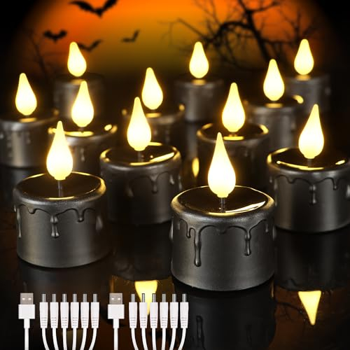 Cibnew Wiederaufladbare Teelichter Flackernde Flamme LED Kerzen mit 2 Stück USB-Kabel für Party Zimmer Halloween Weihnachtsdekoration (12 Stück Schwarz)