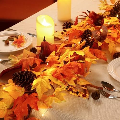 SHareconn 6ft Artificial Autumn Maple Leaves Garland with Pumpkin Pinecone, Fall Garland Hanging Decorations for Thanksgiving/Party/Fireplace/Door/Stairs/Yard