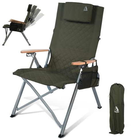ARURU Campingstuhl Stuhl,Gartenstuhl Hochlehner Rückenverstellbar 4 Positionen Klappstühle Handlauf aus Holz Gepolstert mit Seitentasche Angelstuhl Outdoor Für Camp Garten Balkon (Grün)
