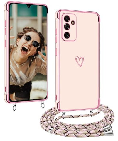 Jeelar ESONG Cover per Samsung Galaxy S24 con Tracolla,Custodia Collana con Carina Motivo Cuore per donna ragazze,Ultra Sottile silicone elettropaccato originale Shell Case con Cordino-Rosa