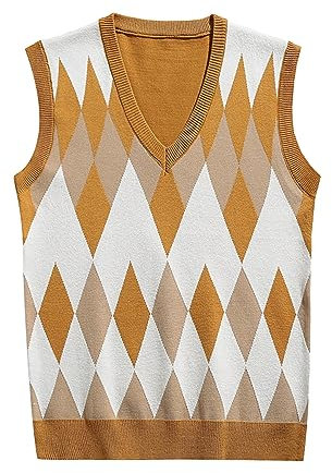 Rrongwn Gilet en tricot classique pour homme - Gilet d'affaires à carreaux sans manches - Gilet en laine - Automne - Hiver - Chaud - Gilet de travail en coton - Pull Argyle, jaune, M