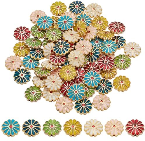 PH PandaHall 7 Farben Blumen Emaille Perlen 70 Stück Gänseblümchen Perlen | 12mm Floral Armbänder Abstandshalter, Lose Metallperlen für Schmuck Machen Freundschaft Armband Halskette Ohrring Zubehör