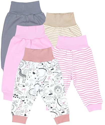 TupTam Pumphose Baby 5er Pack Unisex - Bequeme Baby Hose für Jungen und Mädchen aus Oeko-Tex Baumwolle, Farbe: Streifen Pink Beige Tiere Rosa, Größe: 62