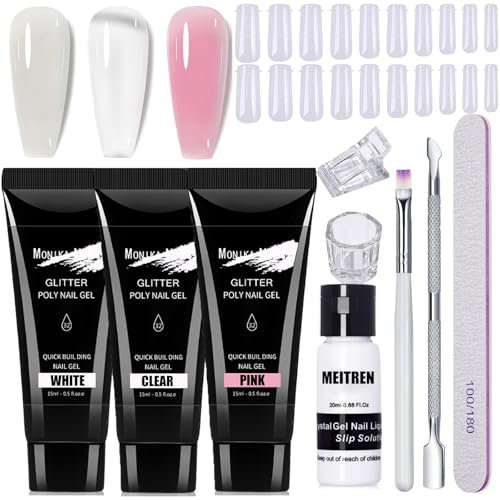 PolyGel Nail Extension Kit - 3 Color Pink, Transparent, White Builder Gel With Slip Solution - All-In-One Starter Set
