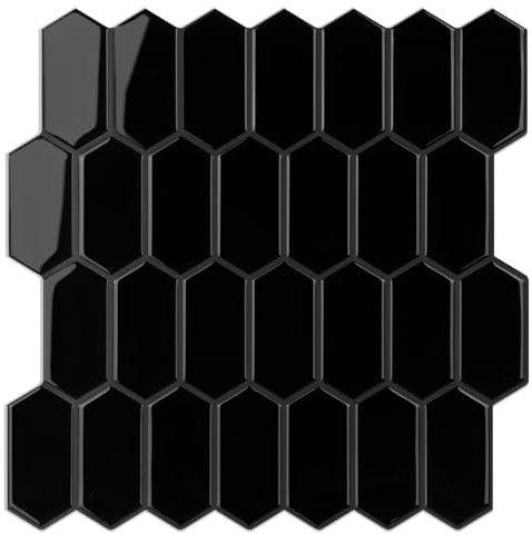 WalDecoo Carreaux Hexagonaux Longs À Décoller Et Coller Pour Cuisine, 10 Feuilles De Carreaux Muraux Auto-adhésifs 3D, Autocollants Pour Carrelage Noir Pour Cuisine Et Salle De Bain 30,5x30,5 cm