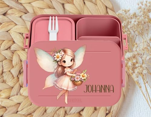 wolga-kreativ personalisierte Mepal Brotdose Kinder mit Fächern mit Fee Blumen Jausenbox Mädchen Kindergarten, Pausenbox Schule, Vesperdose Geschenk Einschulung