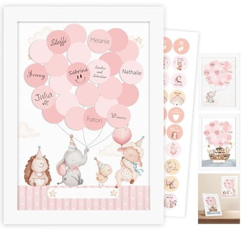 Gästebuch Babyparty, Taufgeschenke Mädchen Patenkind Jungen, Baby Shower Deko Babyparty Taufdeko, Geburtstagsdeko,Gästebuch Taufe, Waldtiere Geburtstag Deko mit Weißer Bilderrahmen Sticker (Rosa)